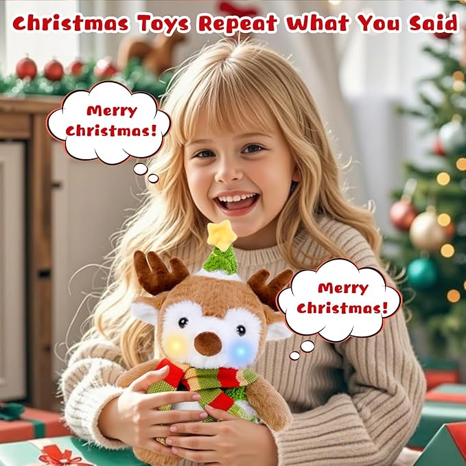 Christmas Reindeer Plush Interactive Toy, Dancing Singing Repeating Light up Reindeer Stuffed Animal, Animated Christmas Plush Musical Holiday Decorations for Kids Boys Girls Gifts