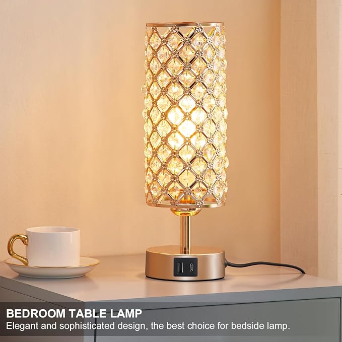 Crystal Table Lamp, Gold Lamp for Bedroom with USB-C USB-A Charging Ports, 3 Way Dimmable Light with Crystal Lampshade, Bedside Lamp Small Touch Light for Girl Room in Gold