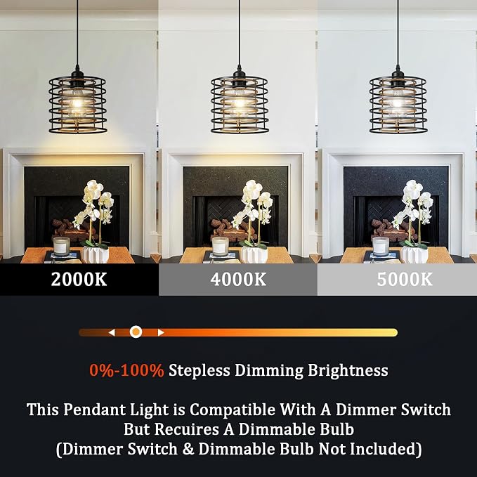 Farmhouse Pendant Lights Kitchen Island, Kitchen Hanging Light Fixtures Wood Grain Cage Metal Lighting for Dining Room Bedroom Bar Office Entryway Hallway, Industrial Black, 1 Pack
