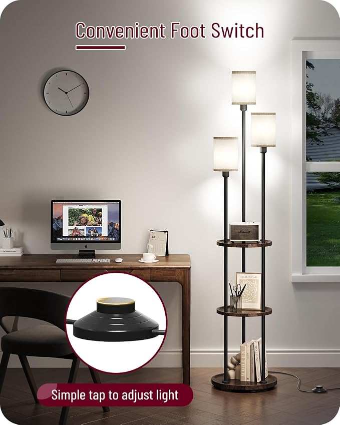 Floor Lamp with Shelves, 3-Light Floor Lamps for Living Room, Modern Standing Lamp with Linen Shades and Foot Switch, 66.1'' Tall Corner Lamp for Bedroom, Office, E26 Base, Walnut and Beige