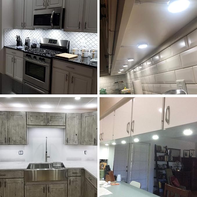 AIBOO 12V LED Under Cabinet Lights Kit 6 Pack Black Cord Aluminum Puck Lamps for Kitchen Counter Closet Lighting with Manual on/Off Switch 12W 6 Lights (6000K Daylight White)