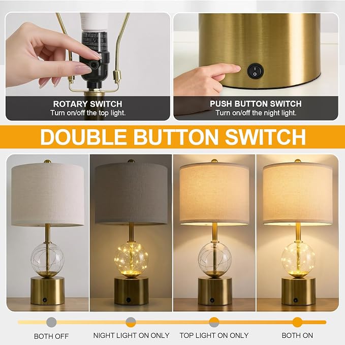 20.5" Small Bedside Table Lamps for Bedroom Nightstands, Gold Glass Modern Table Lamps Set of 2 with USB A+C Charging Port, Night Light, Luxury Lamps for Living Room End Table(Bulbs Included)