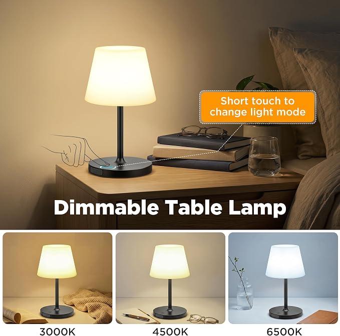 LUTEC Shower Lamp Waterproof, 6000mAh Rechargeable Cordless Table Lamp with 3 Color Temps and Stepless Dimming, Touch Control & Portable LED Nightlight for Bathroom, Desk, Outdoor(Black)