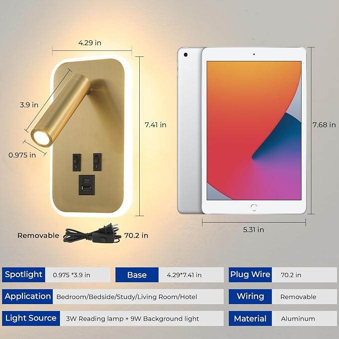Wall Sconce Plug in with Wall Mounted Reading Lights,Modern Wall Lamp for Bedroom with Charging Station USB C+A Ports,Headboard Bedside Lamps with 3W+9W Night Light,3 Color Temperature