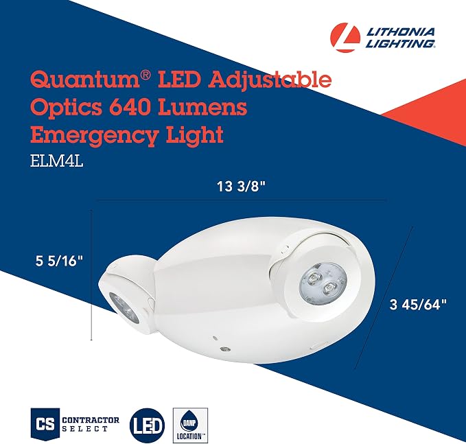 Lithonia Lighting Quantum Emergency Light, 2 Aimable Lamp Heads, 120/277V | Ceiling or Wall Mount, White Thermoplastic, Contemporary Commercial LED Emergency Lights w/ 120/277V Dual Voltage (ELM4L)