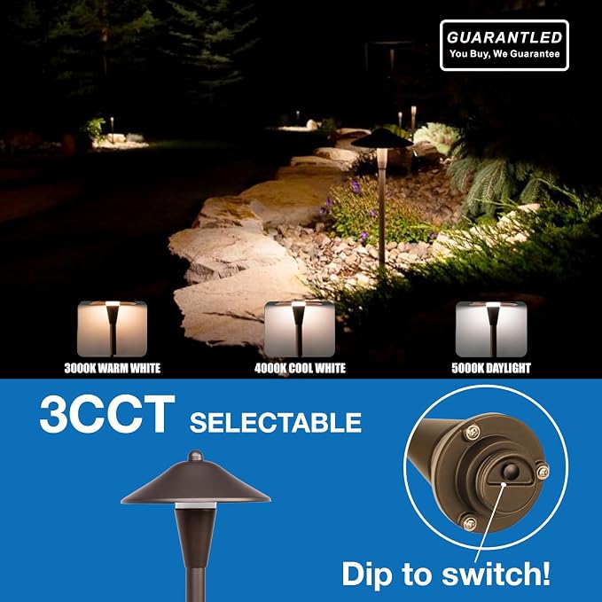 Landscape Path Lights 6 Pack, Low Voltage Pathway Lights Compatible with Transformer, 3CCT Adjustable LED, Premium 12V 24V DC ORB Landscape Path Lighting for Outdoor Yard Garden Walkway, Cone Hat