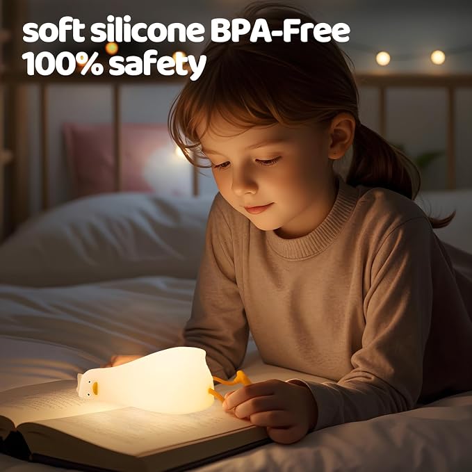 Rytinazzz Silicone Night Light for Kids, 50H Long Battery Duck Lamp (Lying), Gift for Kids, Soft Dimmable Bedside Light, Rechargeable Tap Control