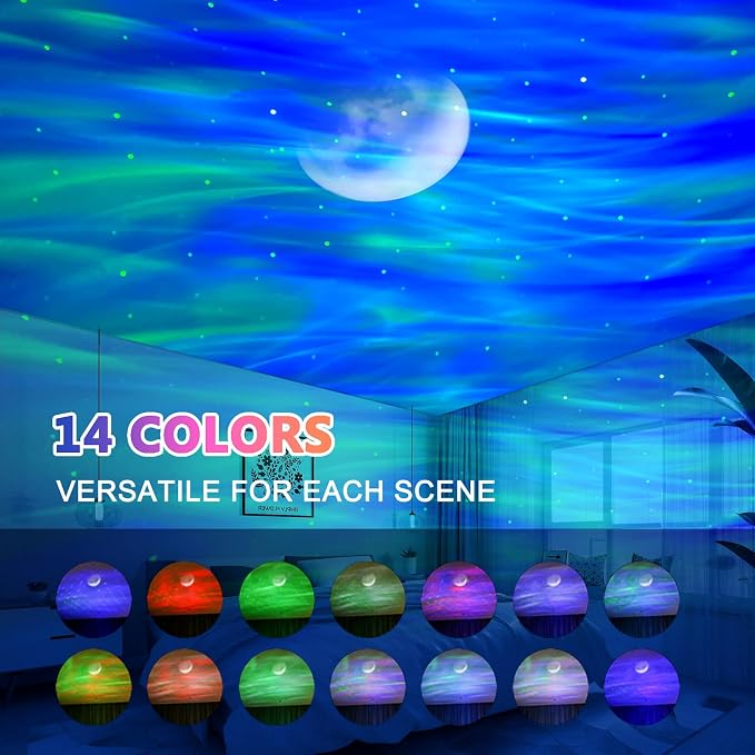 ELITUN Star and Aurora Night Light, Dual Effect Moon Galaxy Projector | Ambient Lighting for Bedroom, 14 Colors with White Noise, Timer Control, Birthday Gifts for Girls, Boys, Adults