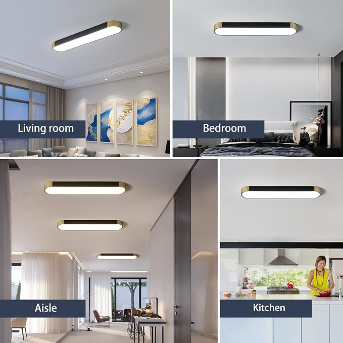 Tioolo Modern Ceiling Light, Dimmable LED Ceiling Light with Remote, 27.5in | Linear Flush Mount Ceiling Light, Black Gold Ceiling Light Fixture, 3000K-6500K, Memory, 36W for Kitchen, Hallway, Closet