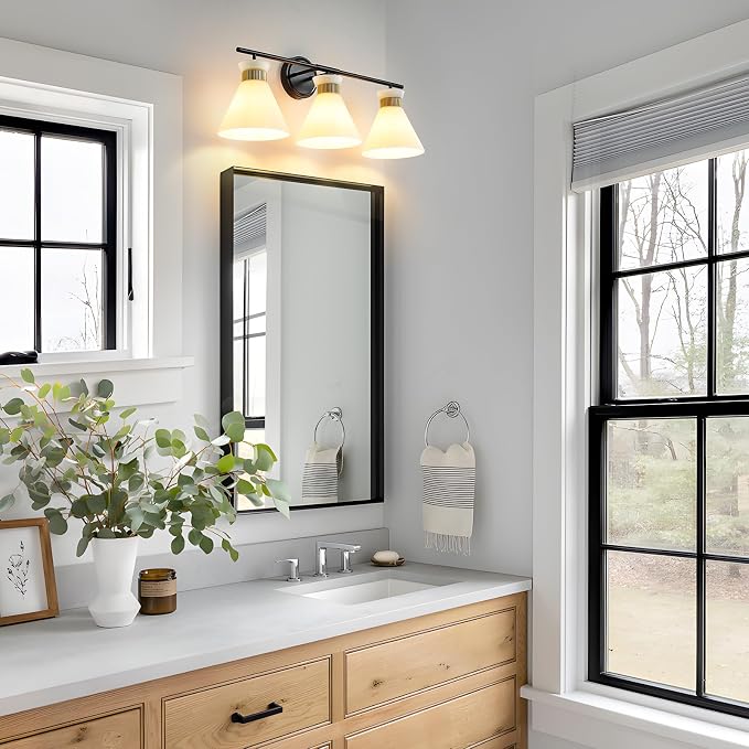 WOSHITU Bathroom Vanity Light Fixtures: 3 Lights Modern Bathroom Lighting Fixtures Over Mirror with Frosted Milky Glass Shade, Black and Gold Vanity Lighting Fixtures Wall Sconce for Bath Bedroom