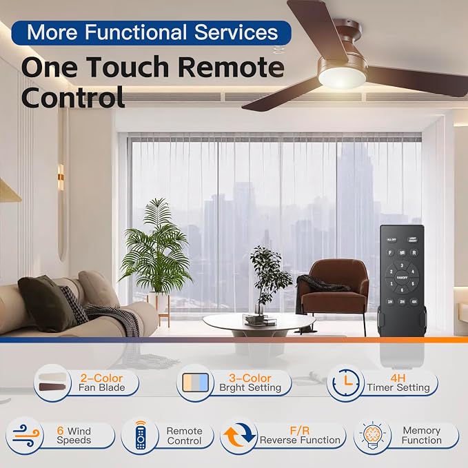 42 Inch Ceiling Fans with Lights And Remote, 3CCT/Flush Mount/6 Speed/Brown | Flush Mount Low Profile Ceiling Fan, 6 Speed Noiseless LED Ceiling Fan, Advanced Brown Ceiling Fan for Bedroom Living Room