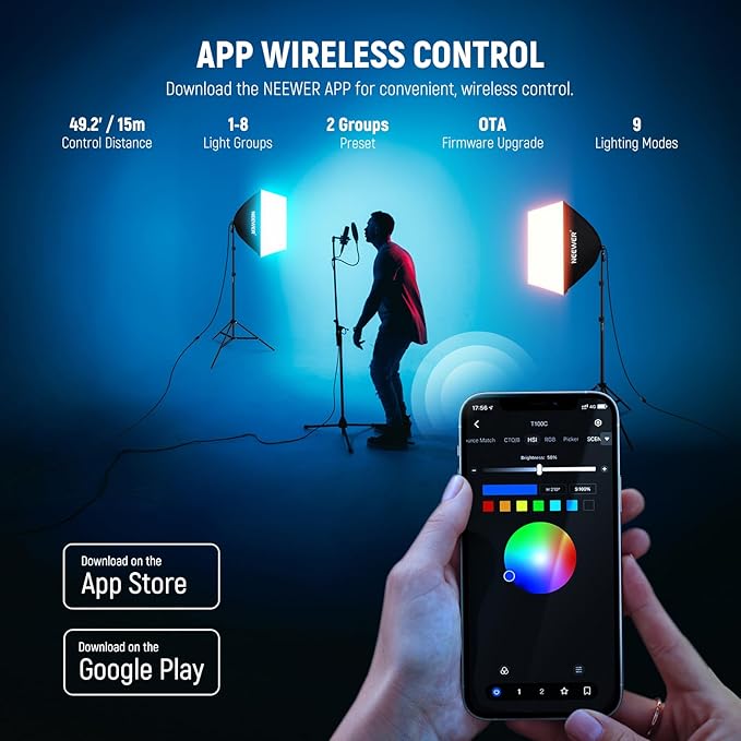 NEEWER 2 Pack 520W Equivalent RGB Softbox Lighting Kit with App Control & 9 Effects, 26W LED Bulbs CRI93+ TLCI98+, E26 Porcelain Sockets, 24" Softboxes for Studio Photography Lighting, NK800