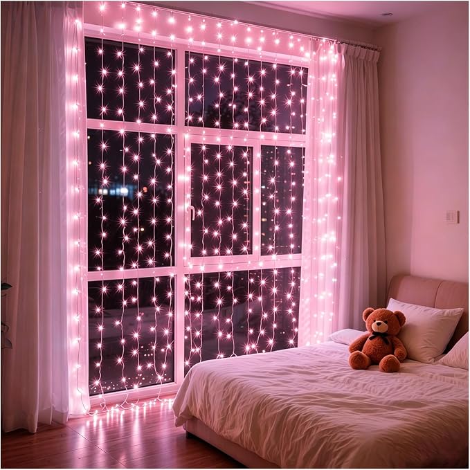 200 LED Pink Curtain String Lights 9.8x6.6FT, Plug in Fairy Lights, 9 Hooks, Dimmable Timer 8 Modes, IP44 Waterproof, Princess Girls Bedroom Wall Wedding Party Birthday Indoor Decor