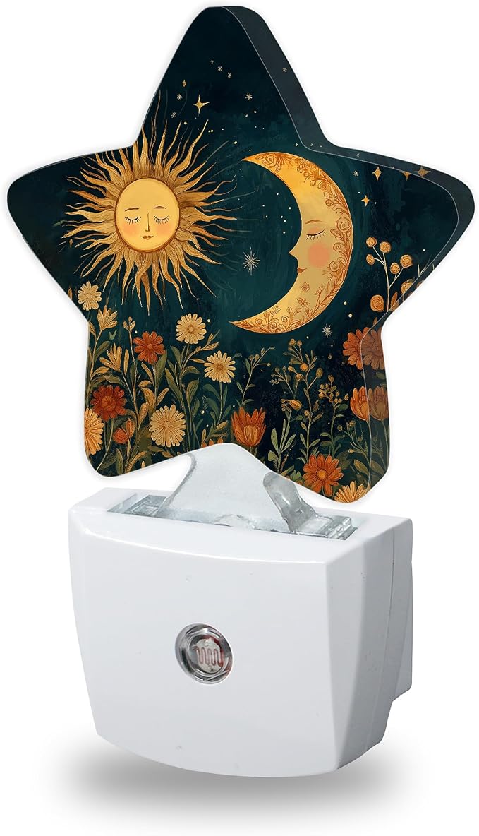 Energy Efficient Nightlights Plug in Wall, Boho Sun Moon Night Light for Kids Bedroom Decorative, Vintage Flowers Dusk-to-Dawn Sensor Sleep Friendly Lamp for Nursery Bathroom Basement