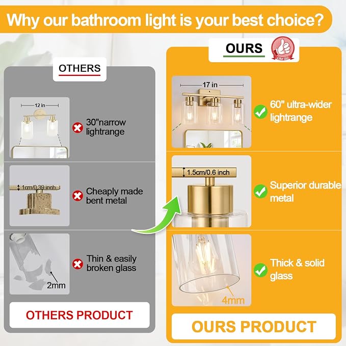 3-Light Brushed Gold Bathroom Vanity Light, Modern Bathroom Light Fixture with Clear Glass Shades, Wall Sconce for Mirror, Kitchen, Bedroom, Living Room, Hallway