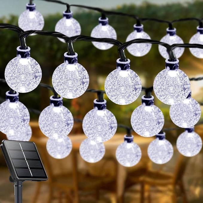 LORRYTE Solar String Lights Outdoor 32FT 50 LED Patio Lights, White | Crystal Globe, IP65 Waterproof, Auto On/Off, 8 Modes Solar Powered Light for Outside Garden Yard Wedding Porch Party Decor