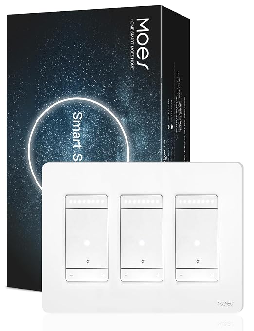 MOES Star Ring WiFi Dimmer Light Switch, 3-Way Alexa Google, 3 Gang | Star Ring Night Guide Glow, 1-100% Dimming, 3-Way/Single Pole, Voice/Remote Control, Neutral Wire 2.4GHz WiFi