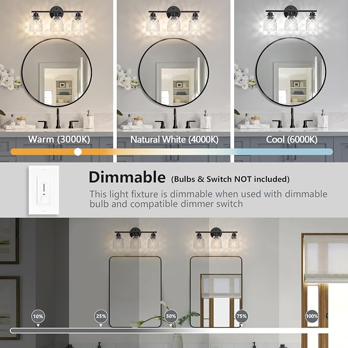 3-Light Vanity Light Over Mirror, Black Bathroom Light Fixtures | Modern Farmhouse Wall Lamp with Hammered Glass Lampshade for Kitchen Hallway Bedroom Living Room Cabinet Porch-18.1IN