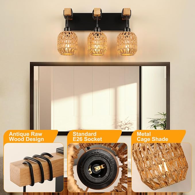 foucasal Bathroom Vanity Light Fixtures, 3-Light Farmhouse Bathroom Light | Light Fixtures Over Mirror, Rustic Boho Wood Sconces Wall Lighting with Woven Lampshade for Living Room, Bedroom, Hallway