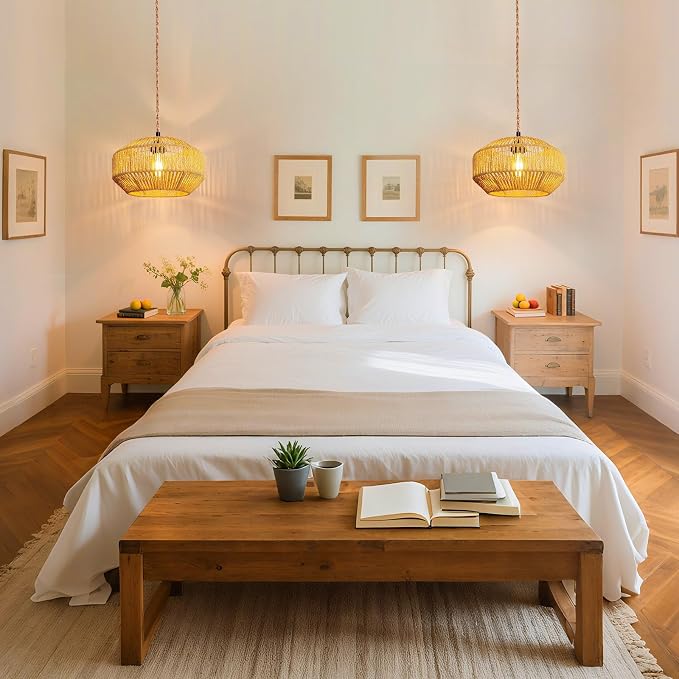 Hanging Light Ceiling Lamp Pendant Lights Rattan Hanging Lamp with Plug in Cord for Living Room Bedroom Kitchen Indoor Hanging Lamp Plug in Woven Lampshade