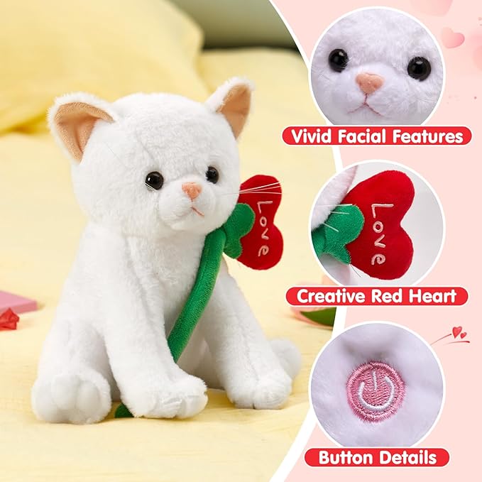 Houwsbaby 12" Valentine’s Day Light Up Cat Plush Toy, Glowing in Dark Kitty Stuffed Animal with Red Heart Flower Design, Romantic Gift for Valentine’s Day, Birthday, or Anniversary