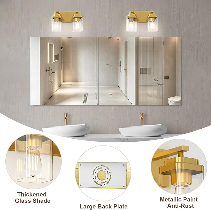 Brushed Gold Bathroom Light Fixtures, 2 Lights Bathroom Lighting Fixtures Over Mirror, Square Design & Rectangle Large Backplate, Modern Vanity Lighting Fixtures, for Living Room/Bedroom