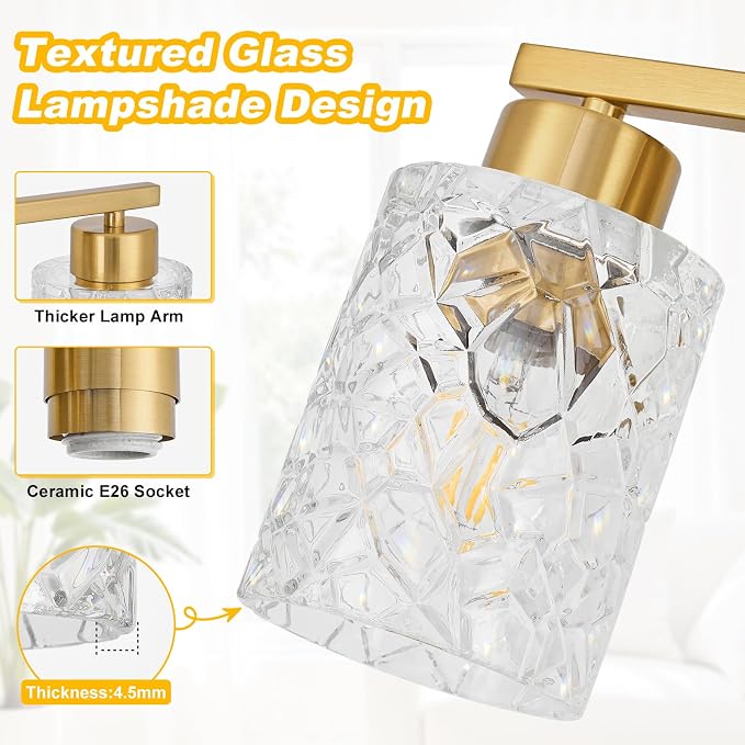 4-Light Bathroom Light Fixtures, Brushed Gold Vanity Lights Over Mirror | Wall Sconces with Clear Textured Glass Shades for Living Room Bedroom Hallway,E26 Base (Bulbs Not Included)