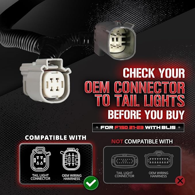 OPT7 Plug'n'Play Bundle for 2021-2023 F150 w/OE Halogen Taillights and Blind Spot Monitor – 60" Redline Double Row Two-Piece LED Tailgate Light Bar w/Amber Turn + Easy Connect Harness