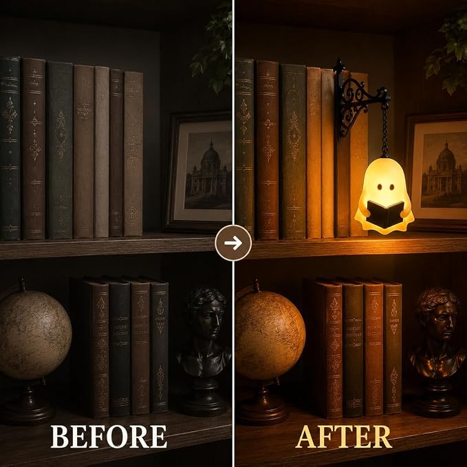 Library Lantern Bookshelf Lamp, Ghost Bookshelf Lantern with Warm LED Nightlight, Mini Nook Light for Bookshelf, Table Desk Pumpkin Luminaire, Halloween Bookshelf Decor for Book Lovers