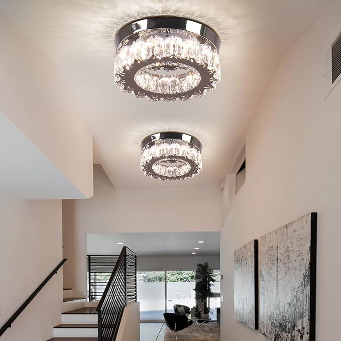 Dimmable LED Ceiling Light with Remote Flush Mount Mini Round LED Crystal Chandeliers Modern Flush Mount Ceiling Light Fixture Hallway Light Bedroom Bathroom Kitchen Office