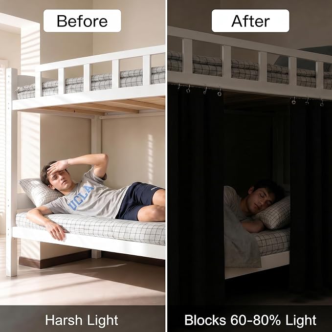 Dorm Blackout Privacy Bottom Bunk Bed Curtains - 2 Panels 78.7"x45.3", No Drill Installation for Twin Loft Beds, Light Blocking Under Bed Canopy with Hanging Hooks & Ropes