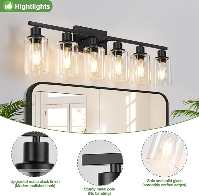 Indoi 6-Light Bathroom Light Fixtures, Matte Black Modern Vanity Lights with Clear Glass Shades, Bathroom Wall Lamp for Mirror Living Room Cabinet Bedroom Porch