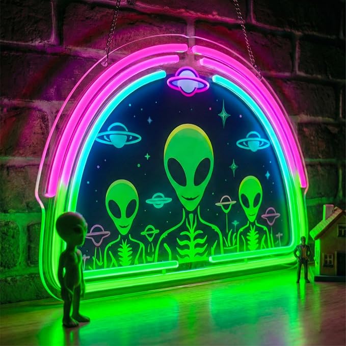 Alien Neon Sign,Neon Signs for Wall Decor,Space UFO LED Neon Light Wall Decor for Game Room,Mancave,Dorm & Party,Dimmable USB Powered Neon Wall Art Aesthetic for Teens,Gamers & Sci-Fi Lovers