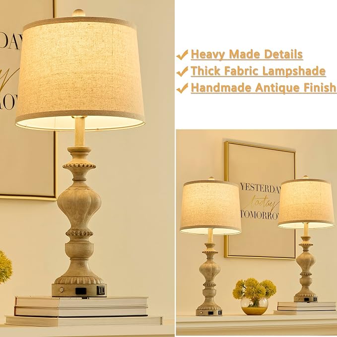 SAIWEYA 27.5" Farmhouse Table Lamps Set of 2, 3 Way Dimmable Touch Lamps | Touch Control, Dimmable, USB C+A Ports & AC Outlet, Bulbs Included, Bedside Nightstand Lamp for Living Room, Bedroom