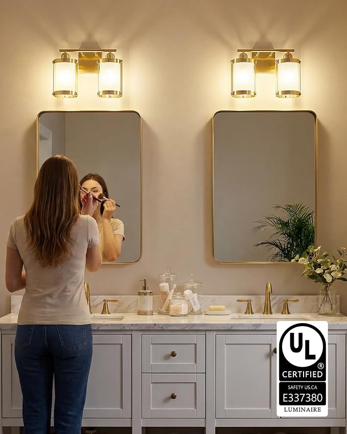 2-Light Brushed Gold Bathroom Light Fixtures with Milk White Frosted Glass, 13.2" UL-Listed Modern Wall Sconce Over Mirror with Metal Cage for Bath, Hardwire E26, OS-3014BGW-2W