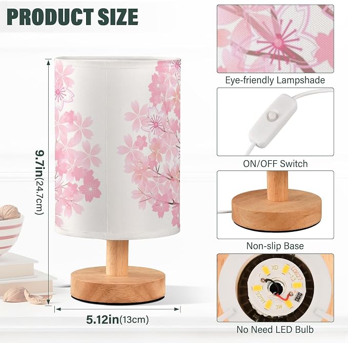 Table Lamp Pink Cherry Blossom Tree Spring Flower Nightstand Lamp with Wood Base Fabric Lamp Shade Bedside Desk Lamp for Living Room Bedroom Kids Room Office