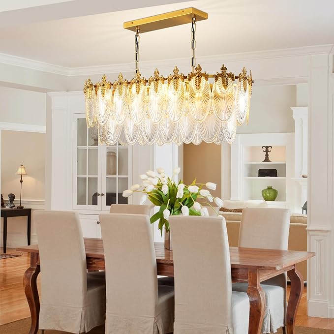 Rectangular Crystal Glass Dining Room Chandelier, 8 Light Gold Chandeliers Lighting Fixture, L33.5'' Height Adjustable Oval Ceiling Pendant Light for Office Coffee Over Table Kitchen Island