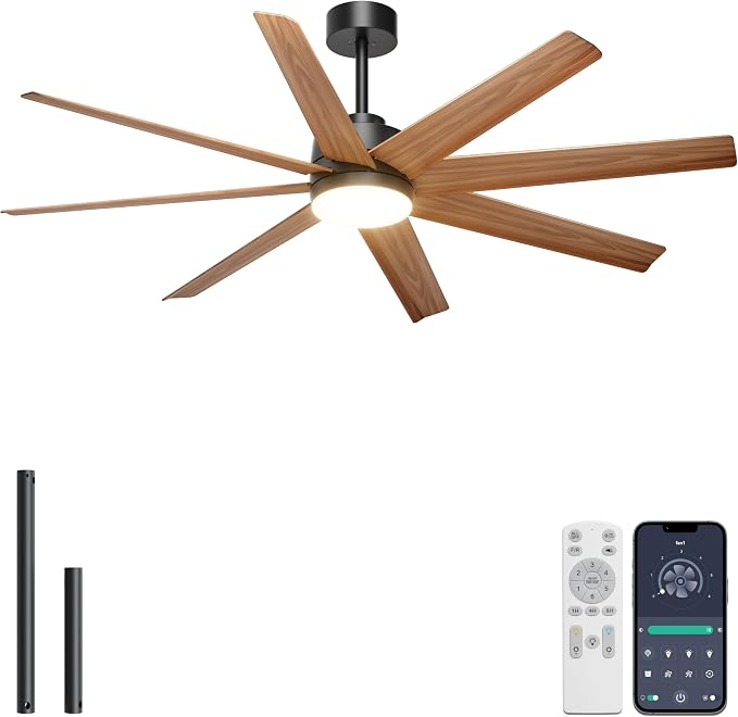 Ohniyou 60" Modern Farmhouse Ceiling Fan with Light for Patio, Living Room | Remote/App Control, Quiet DC Motor, 3CCT Dimming, Covered Outdoor Fan with 8 ABS Blades, Black and Wood Color