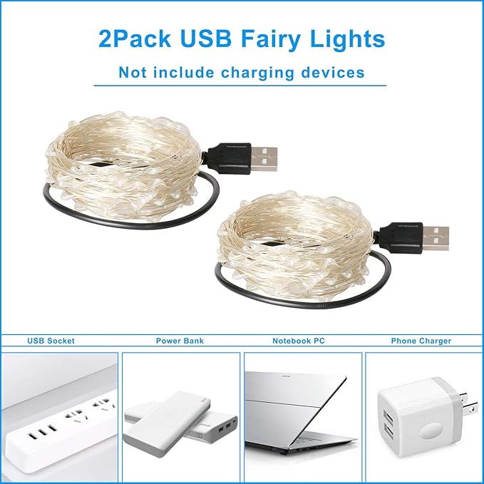 Blingstar USB Powered Fairy Lights, 2 Pack 33Ft 100 LED, Flexible Silver Wire, Mini String Lights for Indoor Christmas Tree/Halloween/Bedroom/Dorm/Party Decoration, Blue