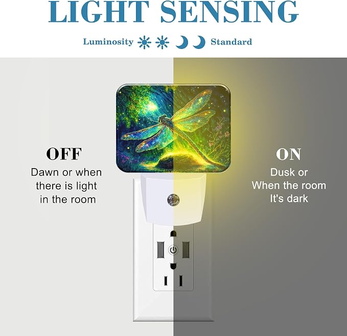 Glowing Dragonfly Plug in Night Lights, Fantastic Enchanted Forest Nightlight Plug Into Wall Dusk to Dawn Sensor for Kid Girls Boys Women Men Bedroom,Hallway,Kitchen,Bathroom,Stairs Decor