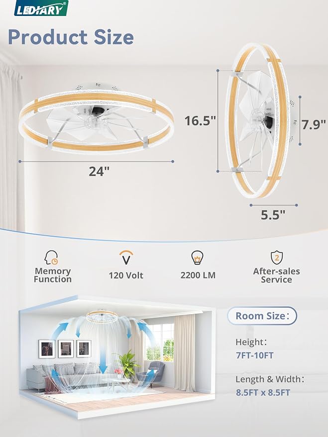 LEDIARY 24'' Low Profile Ceiling Fans with Lights and Remote, Wood Grain | 3000-6000K Dimmable LED, 6 Wind Speeds, Quiet Reversible DC Motor, Small Flush Mount Fandelier for Bedroom, Living Room