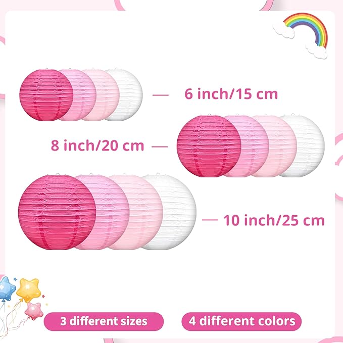 Pink Paper Lanterns Hanging Round Paper Lantern Decorative 6" 8” 10” Chinese Lanterns for Wedding Graduation Anniversary New Year Birthday Party Supplies White/Pink/Rose/Light Pink 12pcs