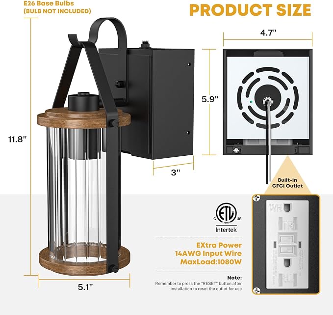 Porch Light with Outlet GFCI Dusk to Dawn Outdoor Lights for House Waterproof Exterior Lighting Fixtures Wood Look Glass Modern Front Porch Garage