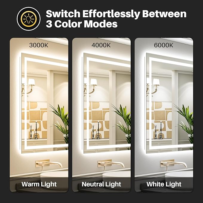 72x32 Inch LED Bathroom Mirror with Lights, Backlit & Front Lit | Anti-fog, 3 Color Dimmable, Memory Function, HD Reflection Tempered Glass, ETL Listed, IP54 Waterproof