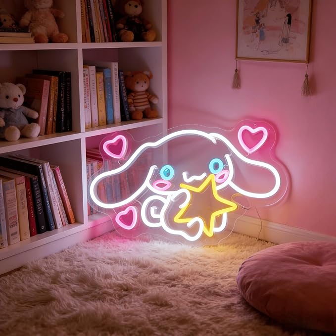 Cinnamoroll Neon Sign for Room Decor, USB Powered LED Lights with Dimmable, Japanese Cartoon Dog Neon Signs, Cute Night Light Gifts for Children (15"L x 9.61"W)