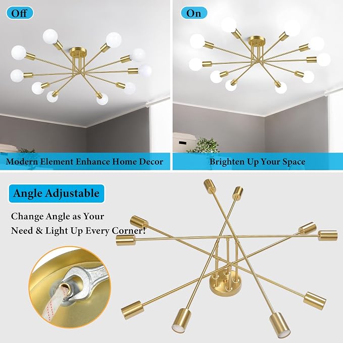 Flush Mount Ceiling Light Fixture, 10-Light Modern Gold Sputnik Chandelier | Industrial Ceiling Lamp for Kitchen Dining Room Living Room Bedroom Foyer