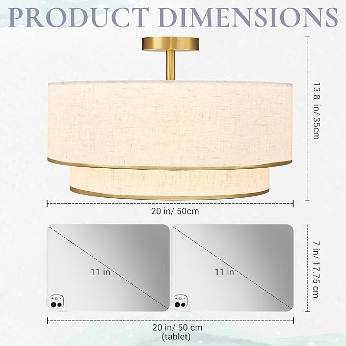 Hamilyeah 20 Inch Semi Flush Mount Ceiling Light, Dual Drum Fabric Shade Light Fixture with Gold Metal Trim, Modern Farmhouse Ceiling Light for Bedroom, Living Room, Dining Room, Hallway