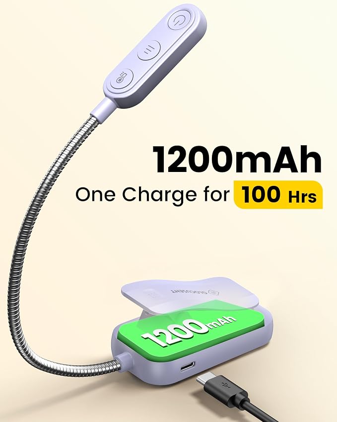 Glocusent 20 LED Reading Lights for Books in Bed, Eye Caring Reading Light | 5 Colors & 5 Brightness 3–100LM Dimmable, 1200mAh Rechargeable Book Light to 90H, Lightweight Clip on Light for Book Lovers