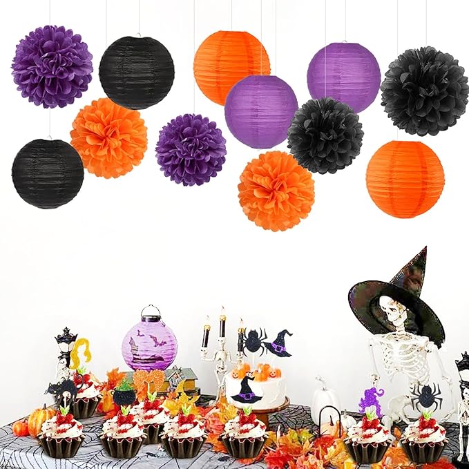 Purple-Orange Black Party-Decorations Paper-Flowers Lanterns - 15PCS Halloween Tissue Pom Poms Streamers,Vintage Birthday Retro Baby Bridal Shower Wedding Bachelorette Hanging Supplies Decor Hugfond