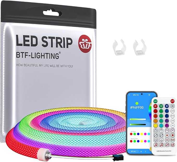 BTF-LIGHTING 3.2FT WS2811 WS2812B IC RGB DC5V 360 Degree Round Reticulate Chasing Color Neon LED Strip Kit Bluetooth Controller Flexible Silicone IP67 Waterproof Rope Light for Home Decor(No Adapter)